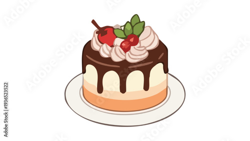 Delicious Chocolate Cake with Cream and Cherry Illustration