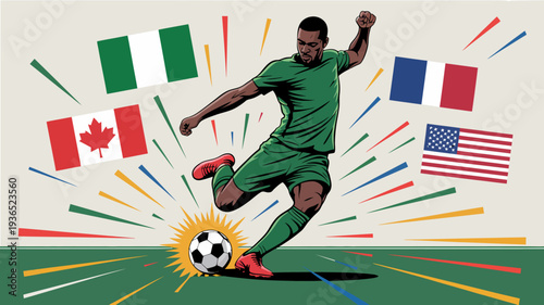 A dynamic illustration depicts a soccer player kicking a ball surrounded by the flags of canada italy france and the united states high quality professional detailed