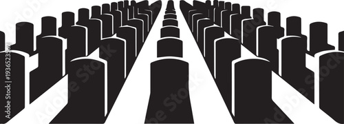 Abstract vector silhouette illustration of tombstones or graves creating a perspective line art