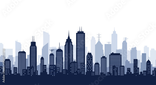 Flat 2D illustration of a city skyline with seamless silhouette of skyscrapers against a white background.