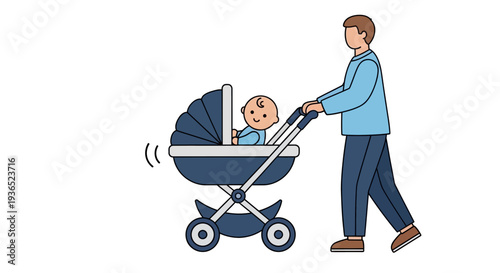 Father pushing baby stroller with infant child illustration, parenting and childcare concept, dad walking with newborn in pram, family care and fatherhood lifestyle vector