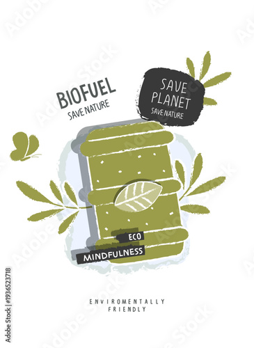 Vector hand drawn cartoon sketch tank of biofuel with green leaves. illustration of Environmentally friendly planet.Alternative biofuel renewable green energy concept. Sustainable lifestyle.
