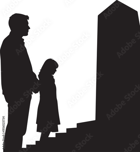 Father and daughter at grave silhouette vector illustration mourning at memorial monument