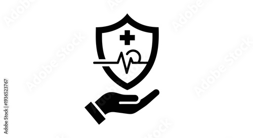 Healthcare protection icon with hand holding shield and medical cross with heart pulse, health insurance and patient safety concept, hospital care support symbol, medical security vector illustration