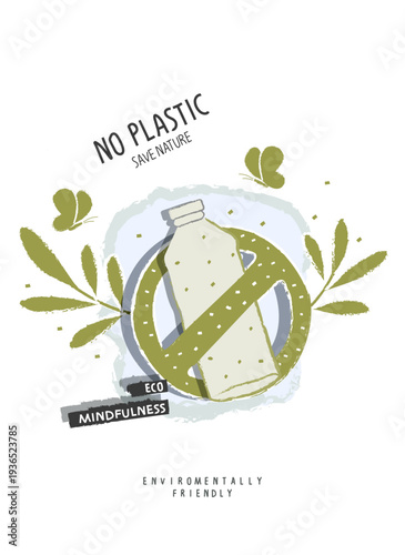 Vector hand drawn cartoon sketch of plastic bottle with forbidden, prohibition or restriction sign. Say no to plastic bags poster. Vector illustration of environmentally friendly planet.