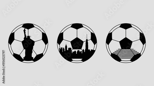 Three black and white circular designs depict soccer balls each featuring a different iconic skyline silhouette within high quality professional detailed modern elegant stylish clean crisp