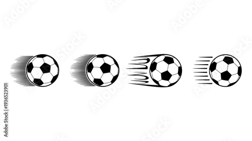 A series of four black and white soccer balls are depicted each with varying speed lines suggesting motion and dynamic gameplay high quality professional detailed modern