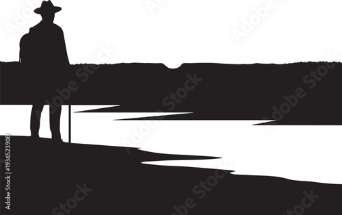 Man in hat silhouette on shore vector illustration.