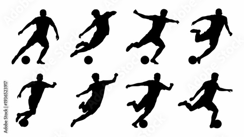 A collection of black silhouettes depicts various dynamic poses of soccer players in action showcasing movement and athleticism high quality professional detailed modern elegant stylish clean
