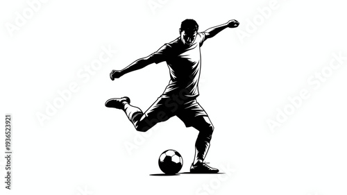 A dynamic black and white illustration depicts a soccer player in mid kick poised to strike the ball with focused energy and athleticism high quality professional