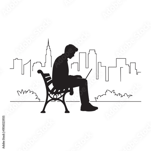 Man sitting on park bench working on laptop with city skyline in background, isolated vector silhouette