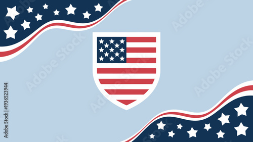 An illustrative depiction showcases a shield incorporating the american flag alongside waving ribbons adorned with white stars high quality professional detailed modern elegant stylish clean crisp