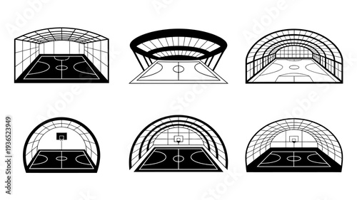A series of black and white line drawings depicting indoor sports courts with arched or domed roofs and basketball hoops high quality professional detailed modern elegant
