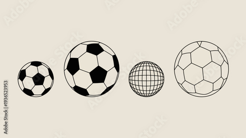 A minimalist illustration depicts four spherical objects three soccer balls and a globe arranged horizontally in a row high quality professional detailed modern elegant stylish clean