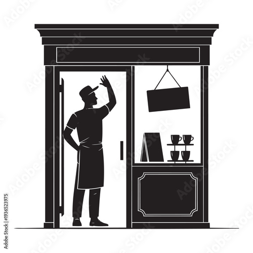 Small coffee shop facade with barista waving, black and white isolated silhouette