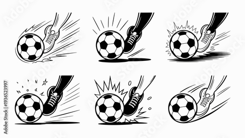 A sequence of black and white illustrations depicts the stages of a soccer ball being kicked showing motion and impact high quality professional detailed modern elegant
