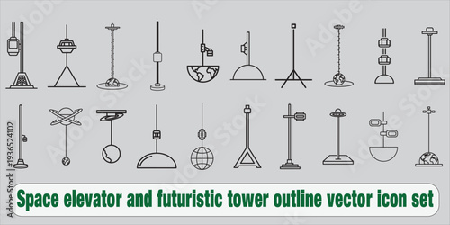 Space elevator and futuristic tower outline vector icon set