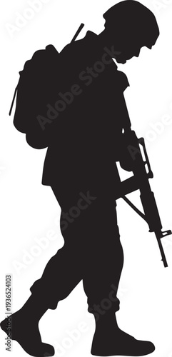 Soldier with rifle and backpack silhouette vector illustration.