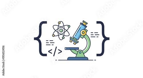 Vector illustration of microscope, atom and coding symbols