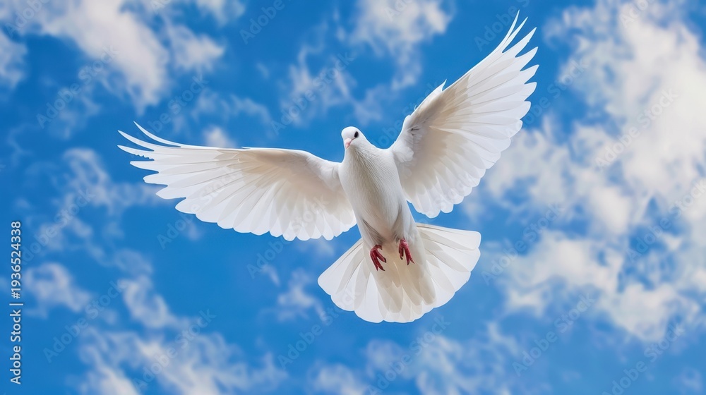 Fototapeta premium Majestic White Dove in Flight Against a Blue Sky Filled with Soft Clouds and Bright Sunlight