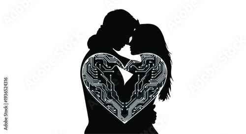 Embracing silhouettes with a digital heart symbolizing love and technology connection
