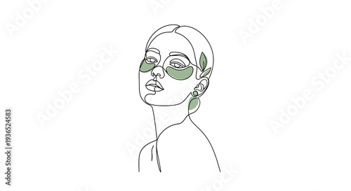 Woman with facial patches and eye masks line art illustration, cosmetic skincare treatment concept, beauty therapy for acne and skin care routine, female face with medical patches minimalist vector