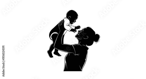 Mother lifting baby silhouette illustration, loving mom holding child in arms, motherhood and parenting concept, family love and parent child bonding symbol, happy mother and infant vector