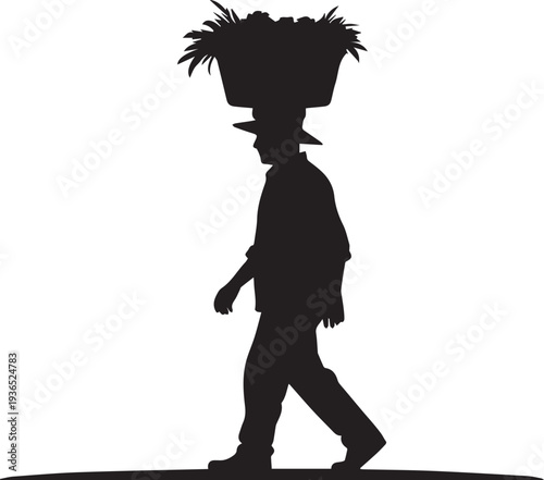 Agricultural worker walking with heavy basket on head vector silhouette illustration scene