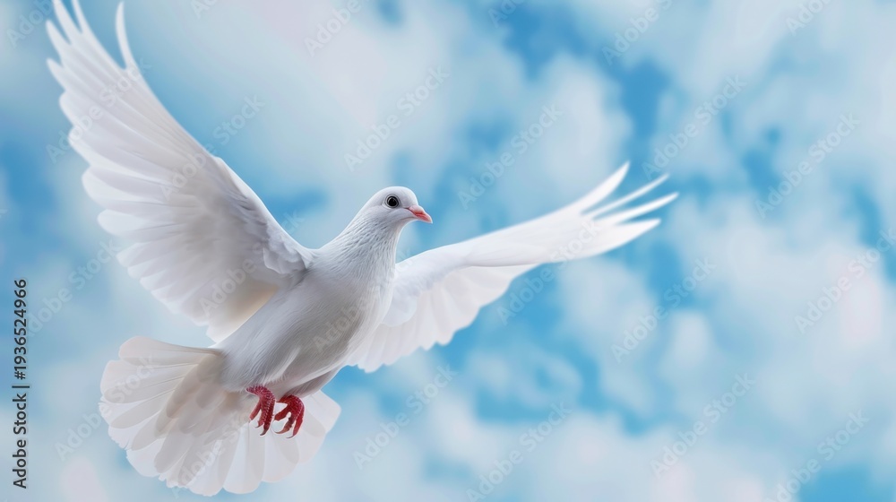 Fototapeta premium Majestic White Dove in Flight Against a Bright Blue Sky with Soft Fluffy Clouds