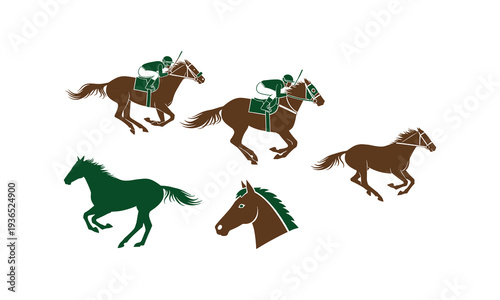 Various horse racing and running equestrian silhouettes in green and brown vector drawings