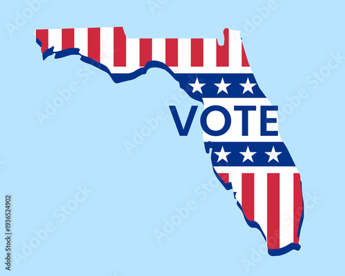 Florida state map filled with U.S. flag stars and stripes, bold Vote text overlay. Patriotic election concept symbolizing democracy, civic duty, and American pride.