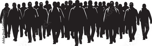 Diverse crowd walking together people group community movement line art vector silhouette