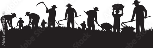 Farmers working in field agriculture farming harvesting crops in line art silhouette vector