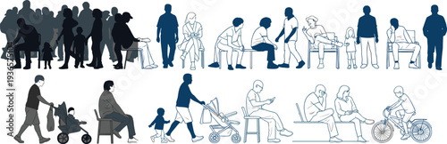 Collage of Silhouettes and Line Drawings of People in Various Poses figures