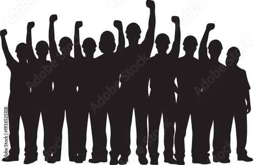Protesting workers raise fists in air for rights solidarity power line art vector silhouette