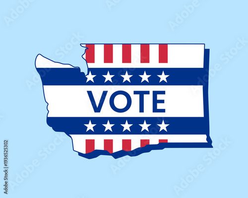 Washington state map filled with U.S. flag stars and stripes, bold Vote text overlay. Patriotic election concept symbolizing democracy, civic duty, and American pride.