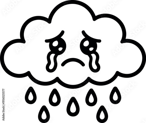 A cartoon cloud with a sad face and raindrops falling from it