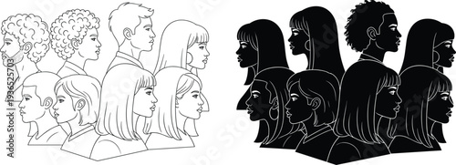 Diverse Group of People Profiles in Line Art and Silhouette Clustered Together Keywords: profile, silhouette, line art