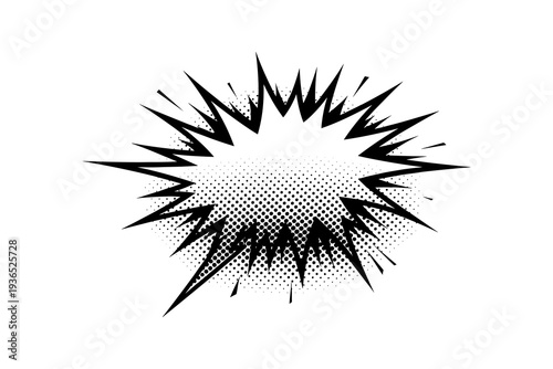 Comic style explosive burst with halftone effect on white background