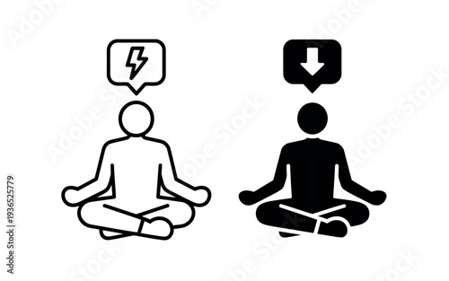 Two people meditating in lotus position with thought bubbles representing contrasting emotions
