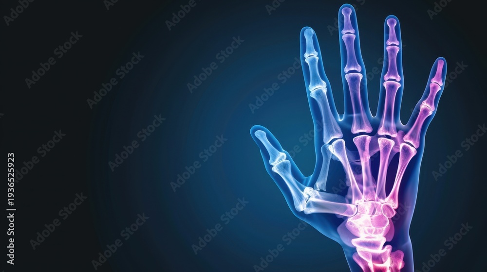 Naklejka premium Human Hand Anatomy in X-ray View Demonstrating Bone Structure with Color Highlights for Medical and Educational Use