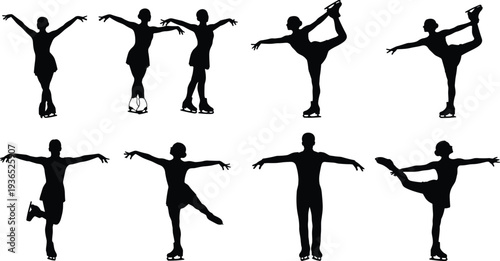 Female and Male Figure Skater Silhouettes in Various Poses on White Background figure skating ice skating