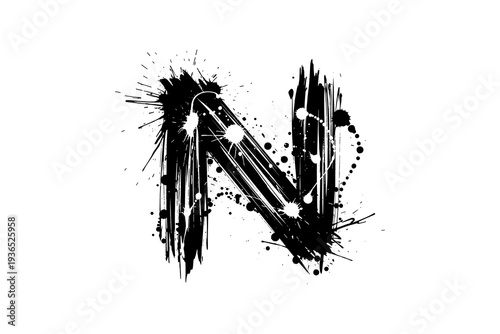 Grunge letter n with paint splatter and brush stroke effects