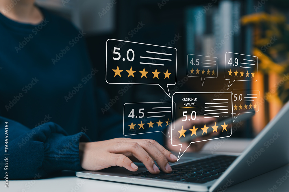Fototapeta premium Customer satisfaction and online review rating concept. User typing on laptop giving five star feedback with rating showing customer reviews, reputation score, quality service and trust in business.