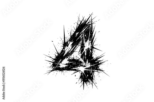 Grunge number four with splatter brush strokes on white background