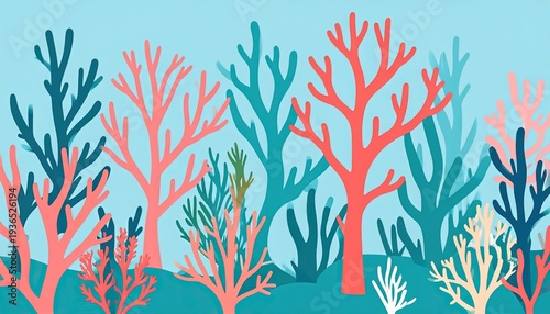 Colorful, stylized illustration depicts various coral formations in shades of red, blue, and green