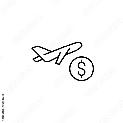Airplane taking off and dollar sign. Flight costs, ticket buying. Pixel perfect, editable stroke vector icon