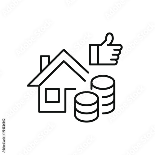 House, stack of coins and like symbol. Property investment, real estate value growth and home finance. Pixel perfect, editable stroke vector icon