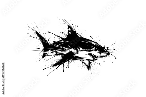 Dynamic splatter art of a shark in black and white abstract style