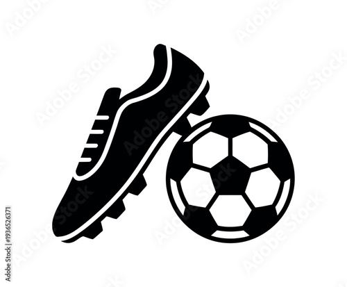 A black and white illustration of a soccer cleat and ball on a plain background
